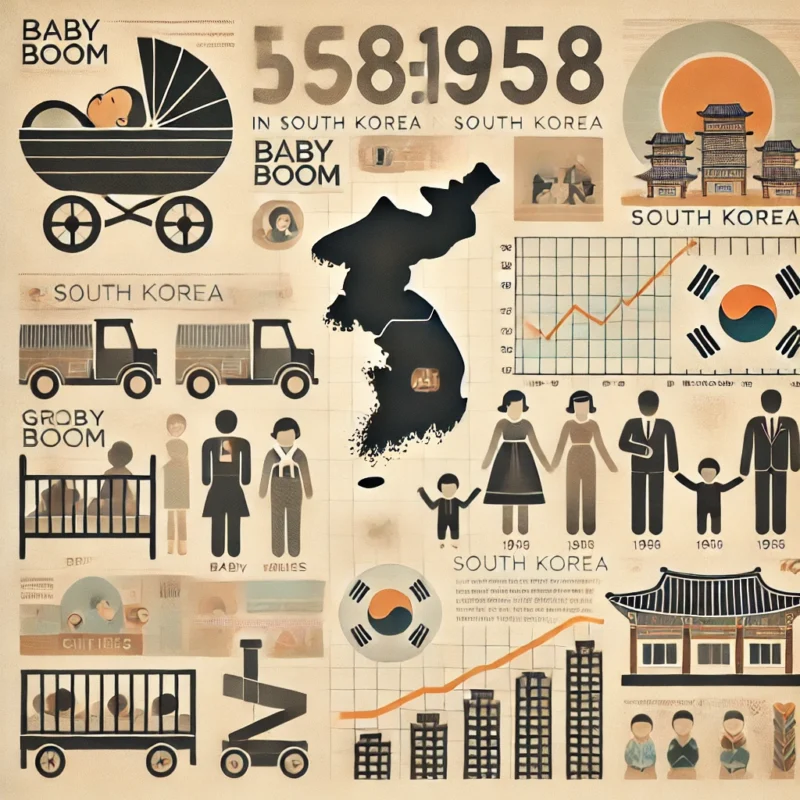 1958년대 한국의 베이비붐을 상징적으로 표현한 빈티지 인포그래픽 스타일 이미지